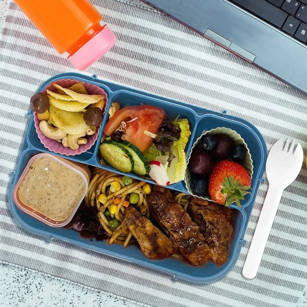 NEW Kids Blue Bento Lunch Box with Animal Forks